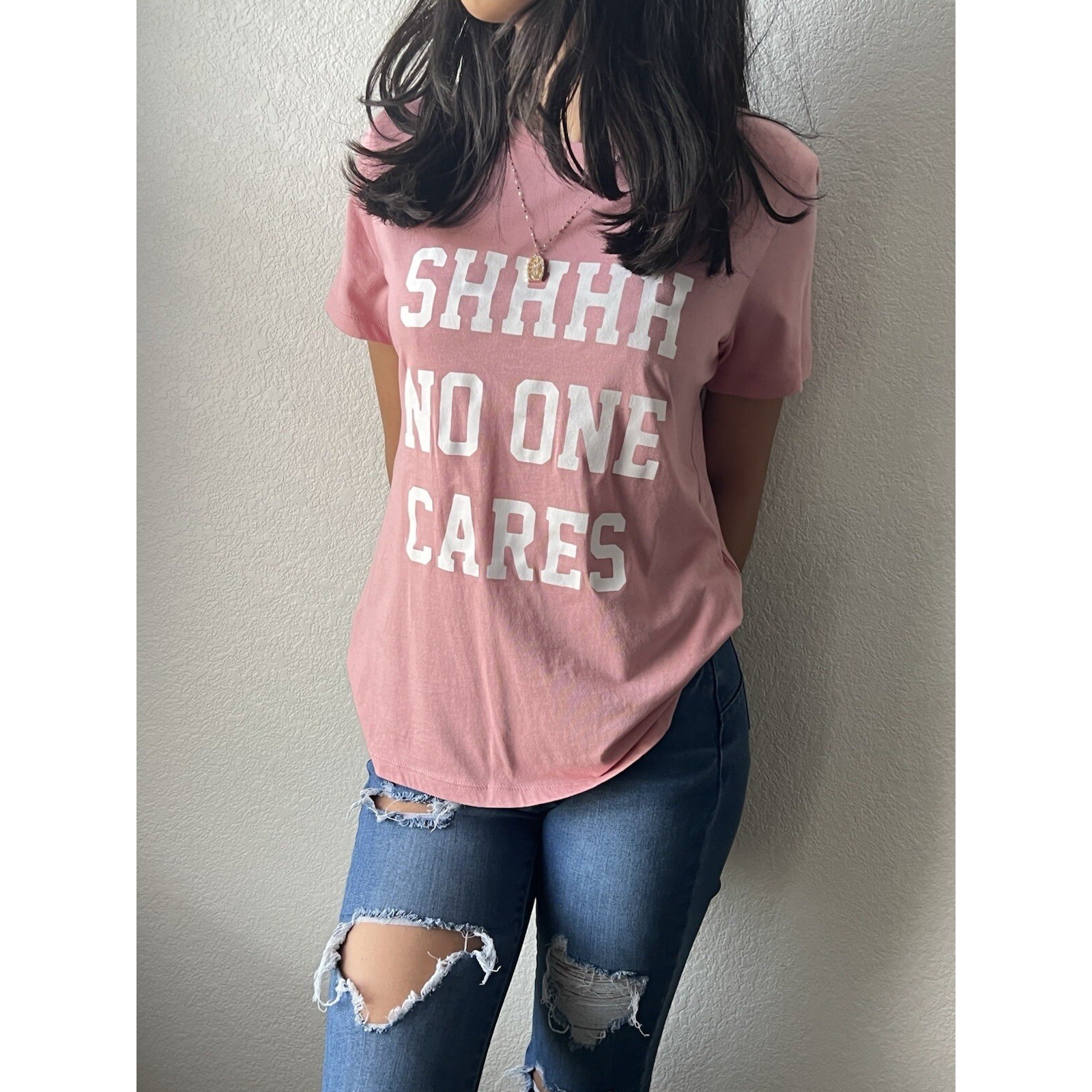 Trendy Pink Graphic Tee – "Shhhh No One Cares" Statement Shirt – Size MEDIUM gallery