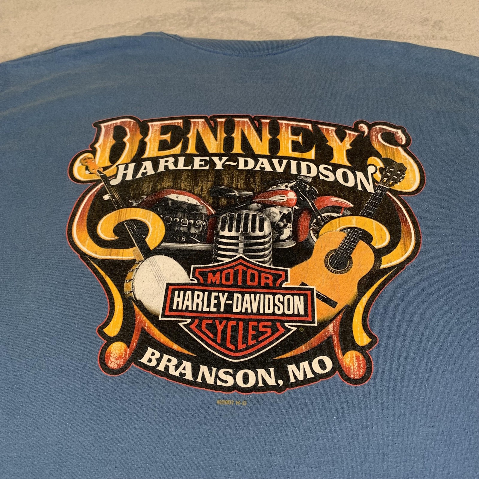 Harley Davidson Shirt Mens XL Blue Denney's Branson Missouri Pocket Graphic FLAW gallery