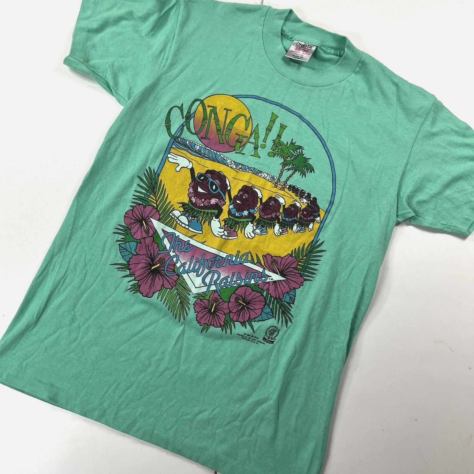 California Raisins T Shirt Medium VTG 80s Green Conga Line Music Hawaiian Floral gallery