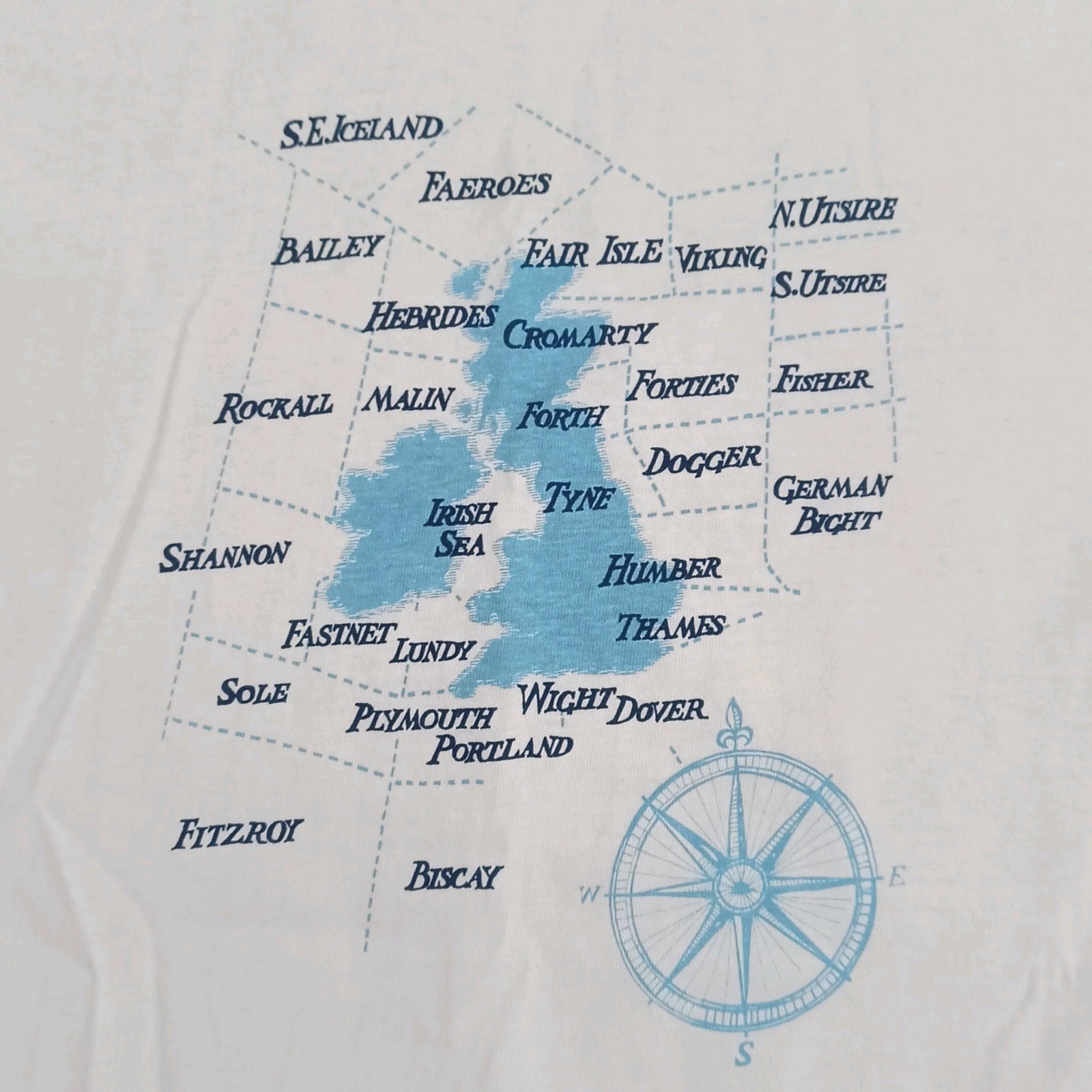 Vintage UK Shipping Forecast Sea Map T-Shirt White Medium Starworld Y2K Compass gallery