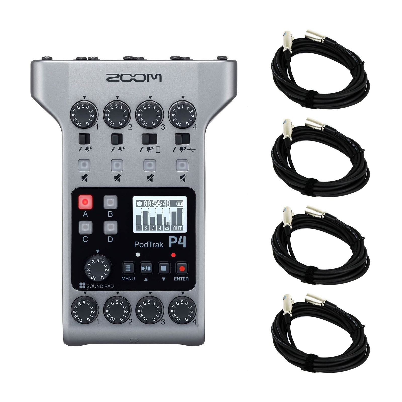 Zoom Podtrak P4 Podcast Recorder Bundle with Four 20-foot XLR Cables P-4 Stream