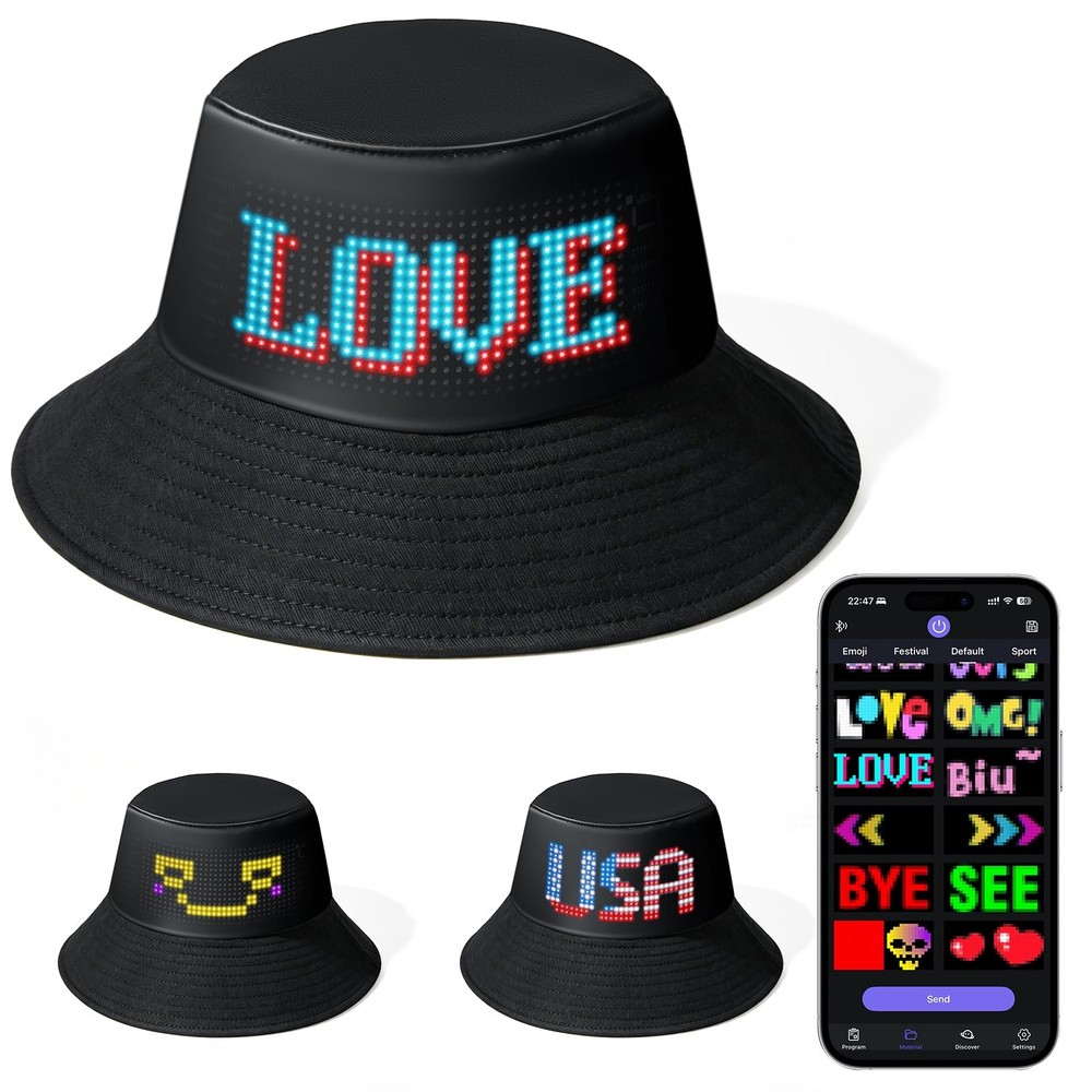 LED Programmable Bucket Hat with App Control, Custom Text Display Hat Bluetoo…