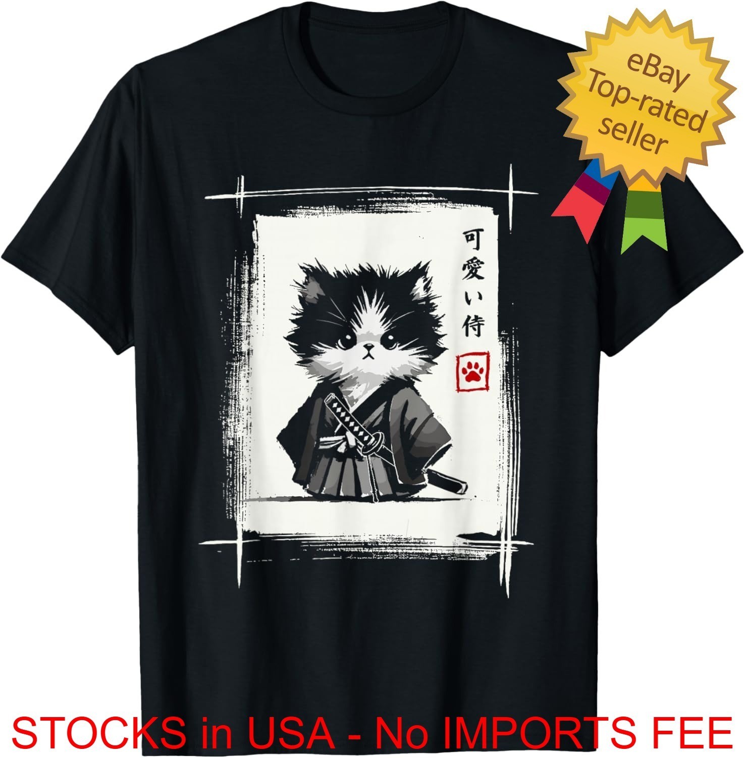 Samurai Cat Japanese Art Sumi-e Novelty Kawaii Funny Cat T-Shirt Cotton S-4XL gallery