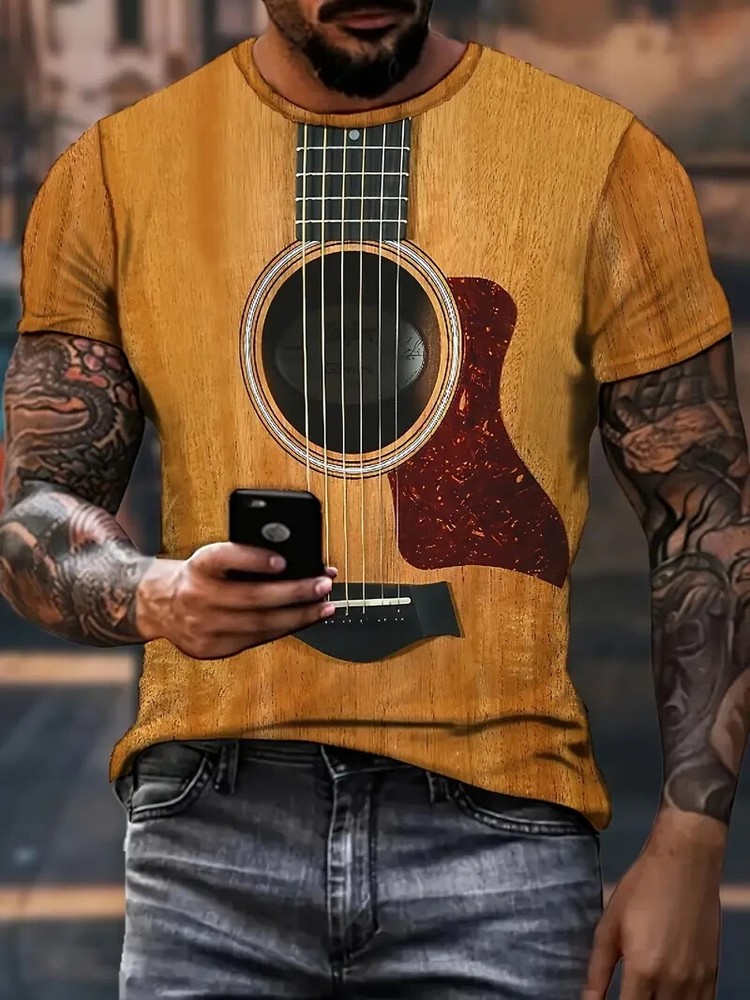 NEW Large. Men’s Acoustic Guitar Poly T-Shirt Gorgeous graphic on Orange Yellow