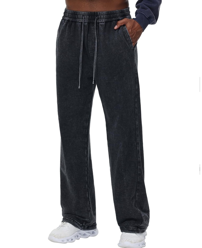 Mens Sweatpants Athletic Acid Washed Cotton Elastic Waist Drawstring Jogger P…