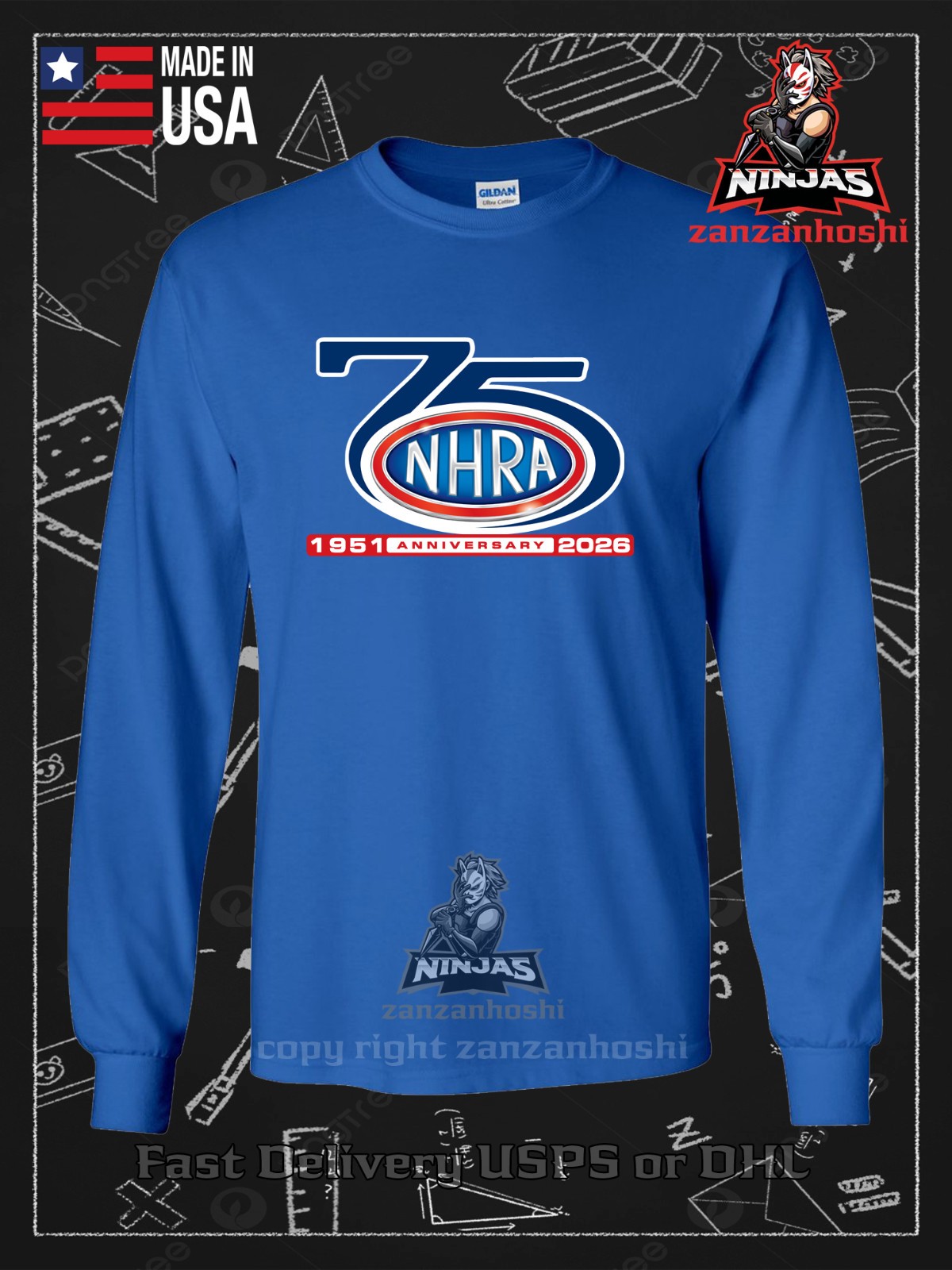 NHRA 75th Anniversary Logo Men's Long Sleeve American Size S-5XL T-Shirt gallery