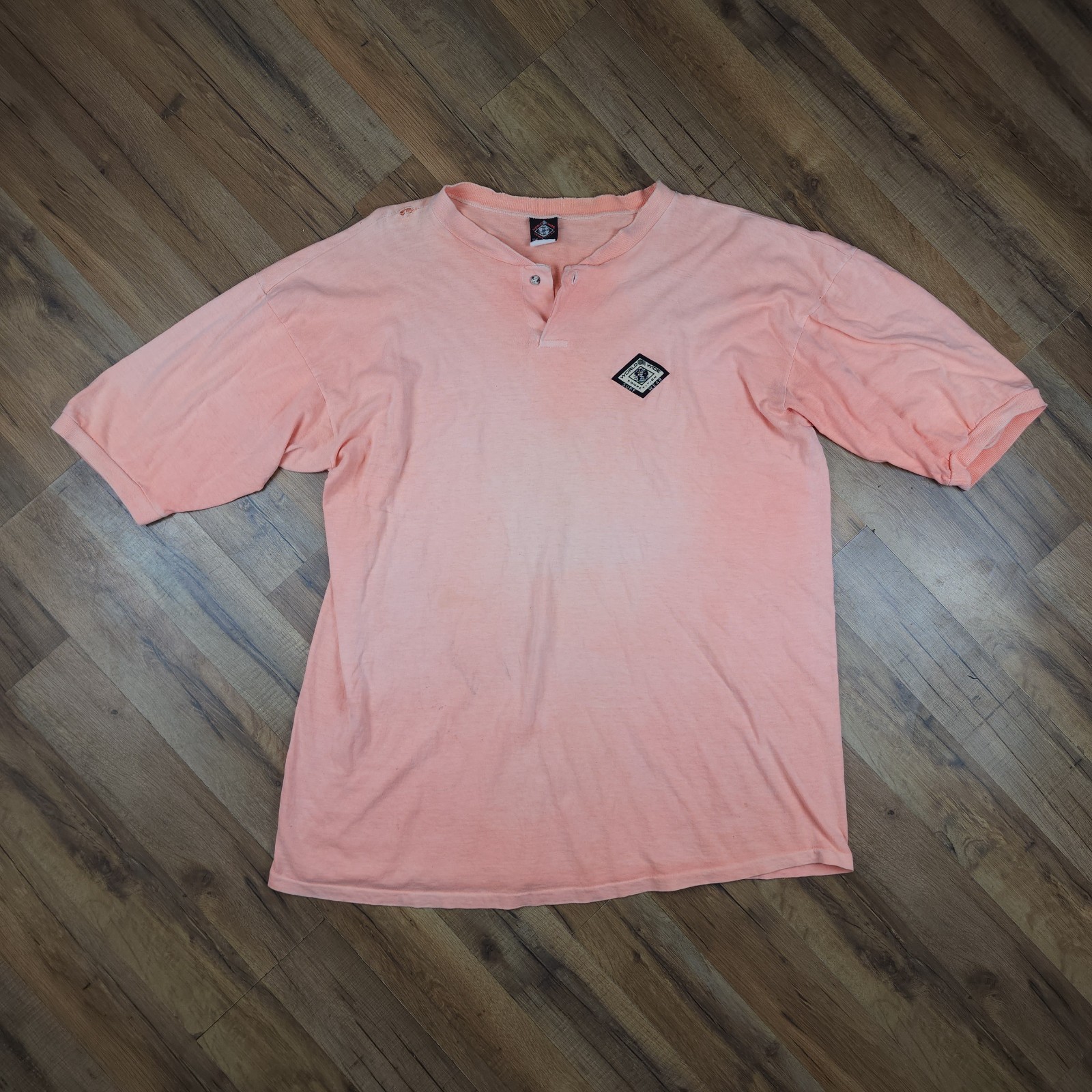 Vintage World Wide Competition Henley Mens XLT Peach Made in USA Distressed 90s