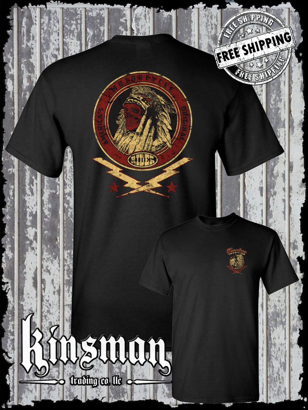 Custom Tradition Motorcycle Biker 2-Sided T-Shirt / Indian Skull War Bonnet gallery