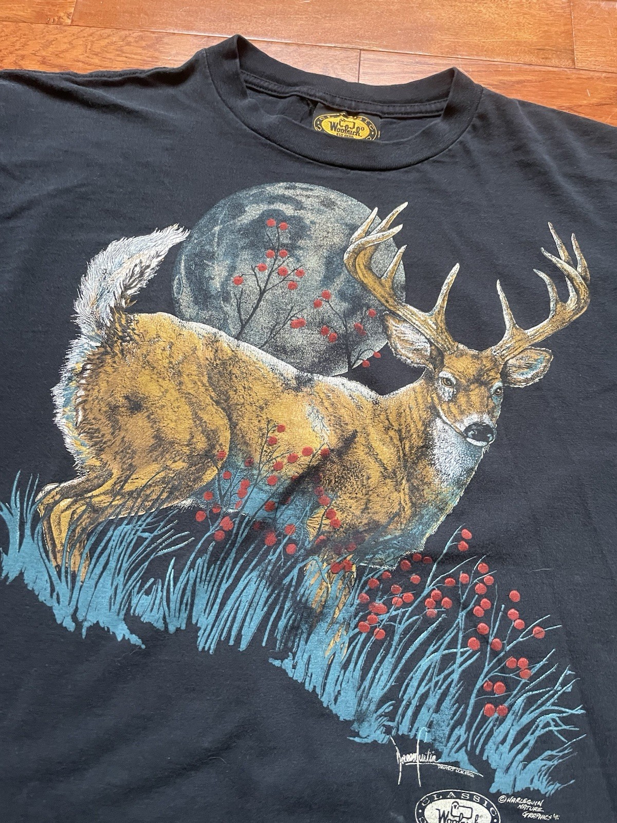 Vtg 90s Woolrich Deer Hunt T-Shirt Black Men’s XXL Single Stitch Harlequin Print gallery