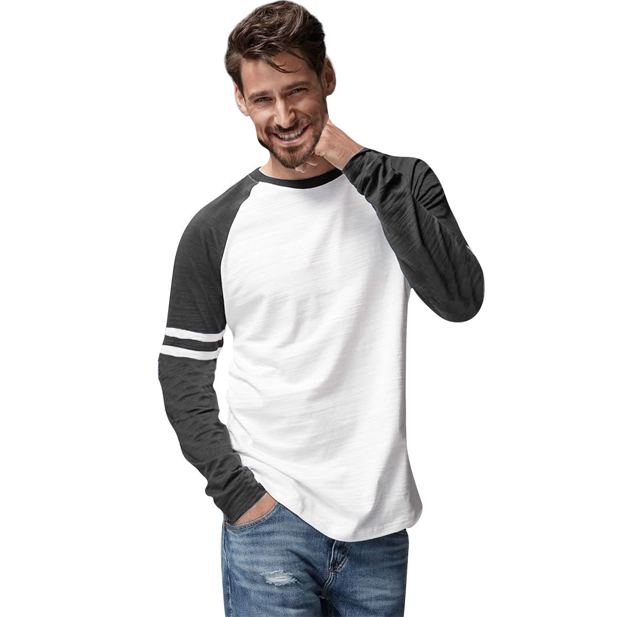 Mens Triblend Long Sleeve Baseball T-Shirt Casual Raglan Plain Contrast L/S Top gallery