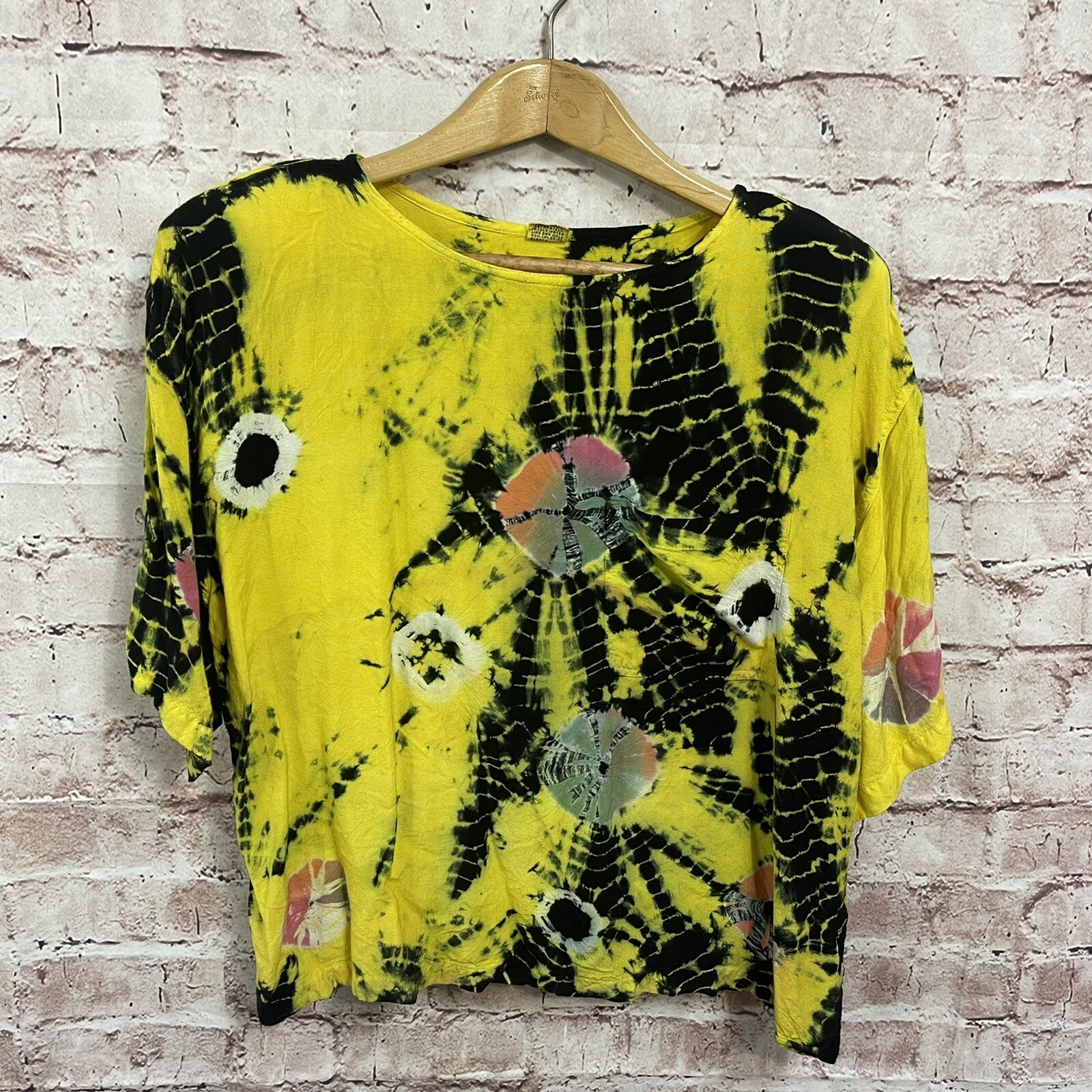 Vintage Tiedye shirt Shoulder Pads Yellow India Women Large Blouse gallery