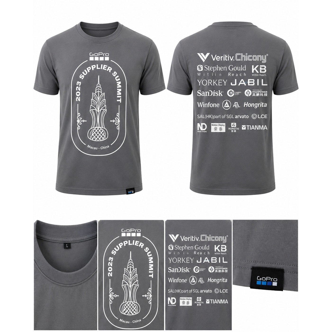 GoPro 2023 Supplier Summit Macau China Gray Graphic T Shirt Size Large L gallery