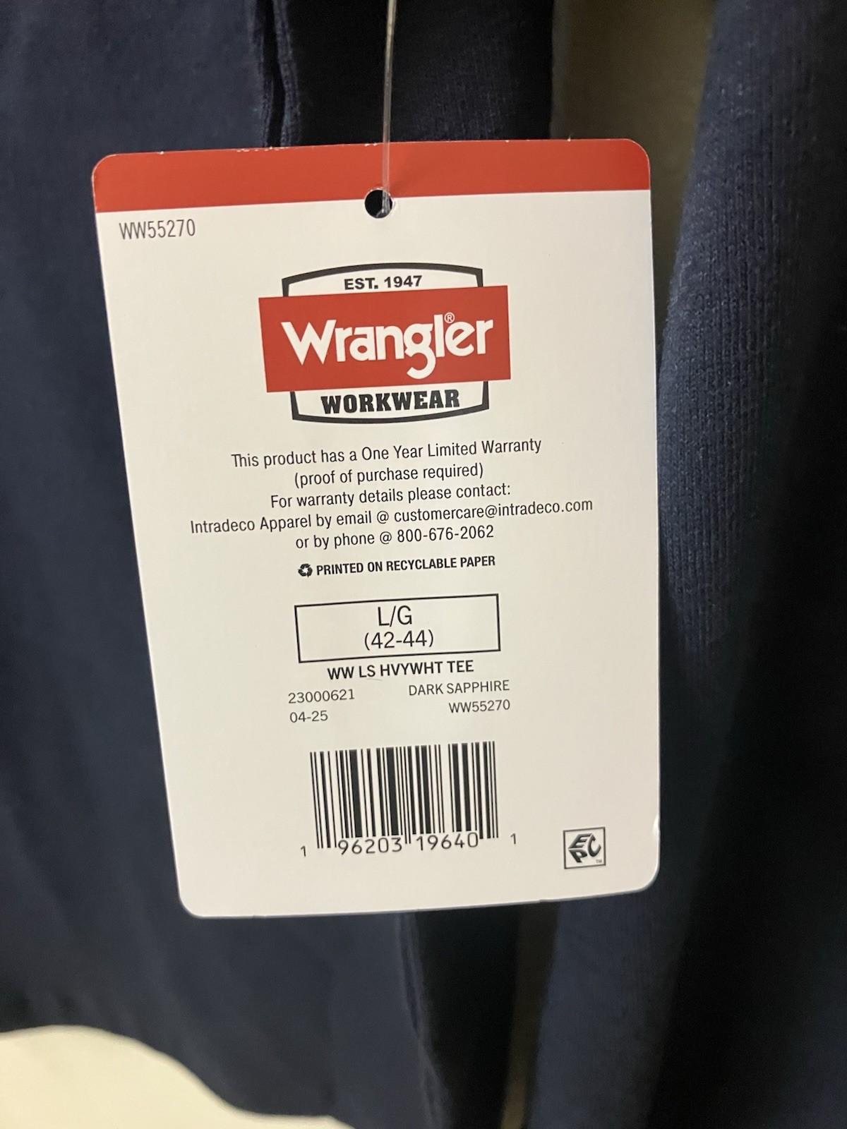 Wrangler Workwear Mens Long Sleeve Heavyweight Pocket Blue T-Shirt Size L Large gallery