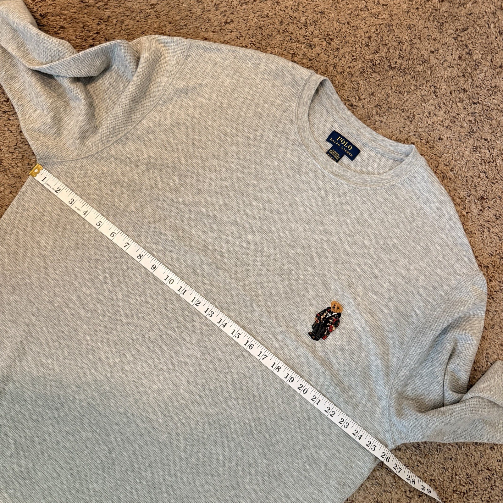 Polo Ralph Lauren Embroidered Bear Gray Waffle Thermal Long Sleeve Shirt Mens 3X gallery