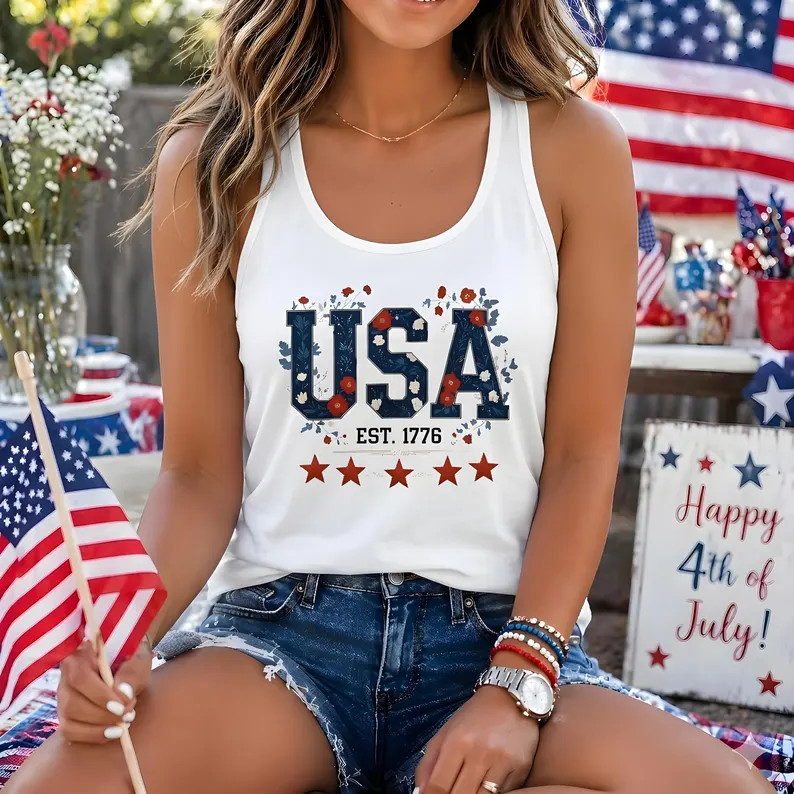 USA Est Floral Patriotic Design Graphic Tank Top gallery