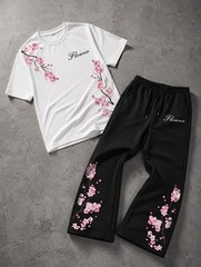 🌸 Cherry Blossom Flower 2PC Set Tee & Wide Leg Pants Streetwear Outfit
