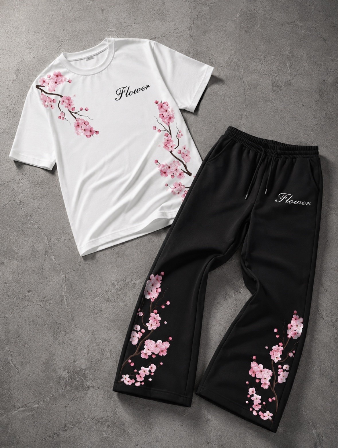 🌸 Cherry Blossom Flower 2PC Set Tee & Wide Leg Pants Streetwear Outfit gallery