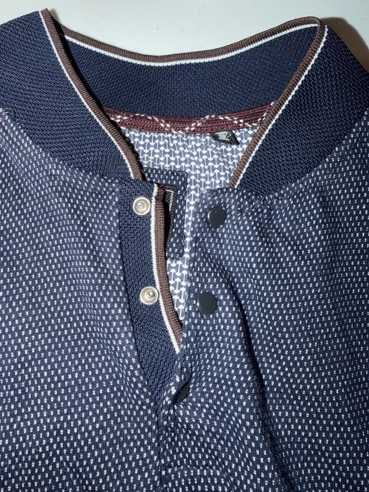 Knit Heritage Polo Men's L Blue Henley Short Sleeve Knit Geometric Buttons gallery