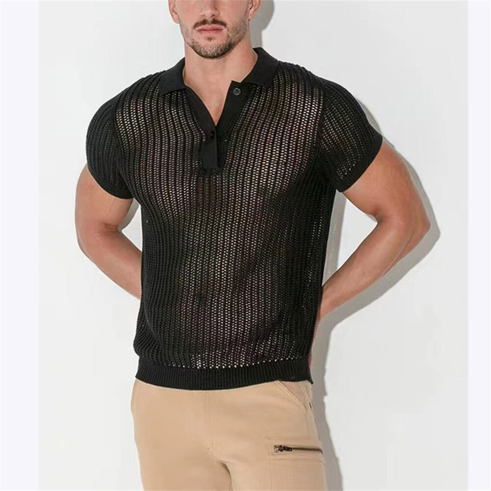 Men Elastic Knit T-Shirt Fashion Casual Top Short Sleeve Summer Polo Shirt Loose