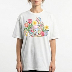 Easter Bunny Patchwork Floral Spring T-Shirt Holiday Cute Pastel Egg Lover Tee