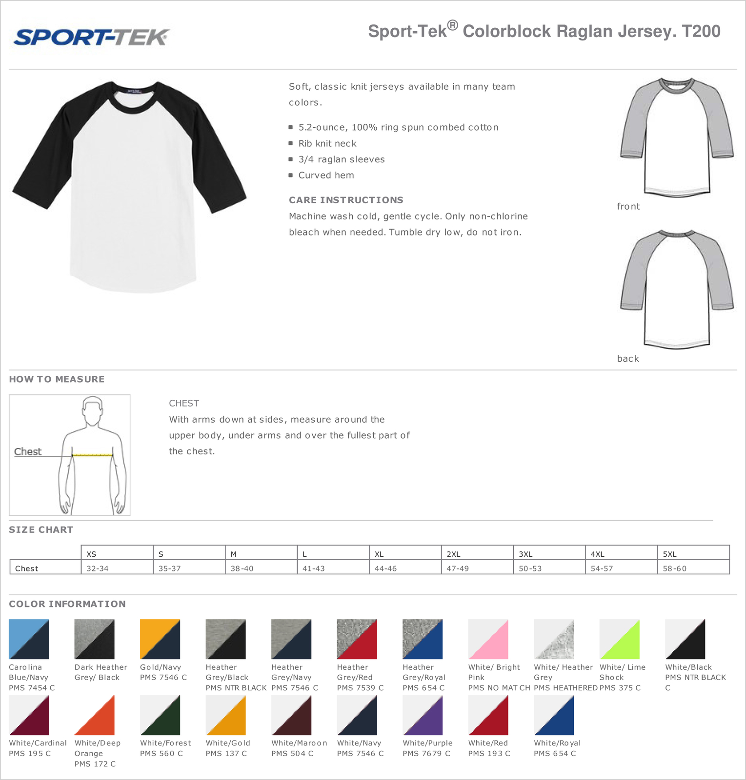 Sport-Tek Mens 100% Cotton Raglan 3/4 Sleeve Colorblock Baseball T-Shirt M-T200 gallery