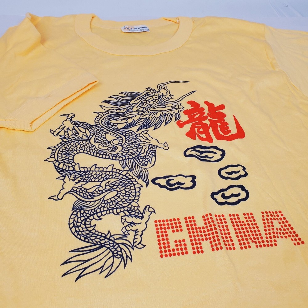 Vintage “CHINA” Single Stitch Ringer T Shirt ☆ Graphic Dragon Thin Golden Wheel