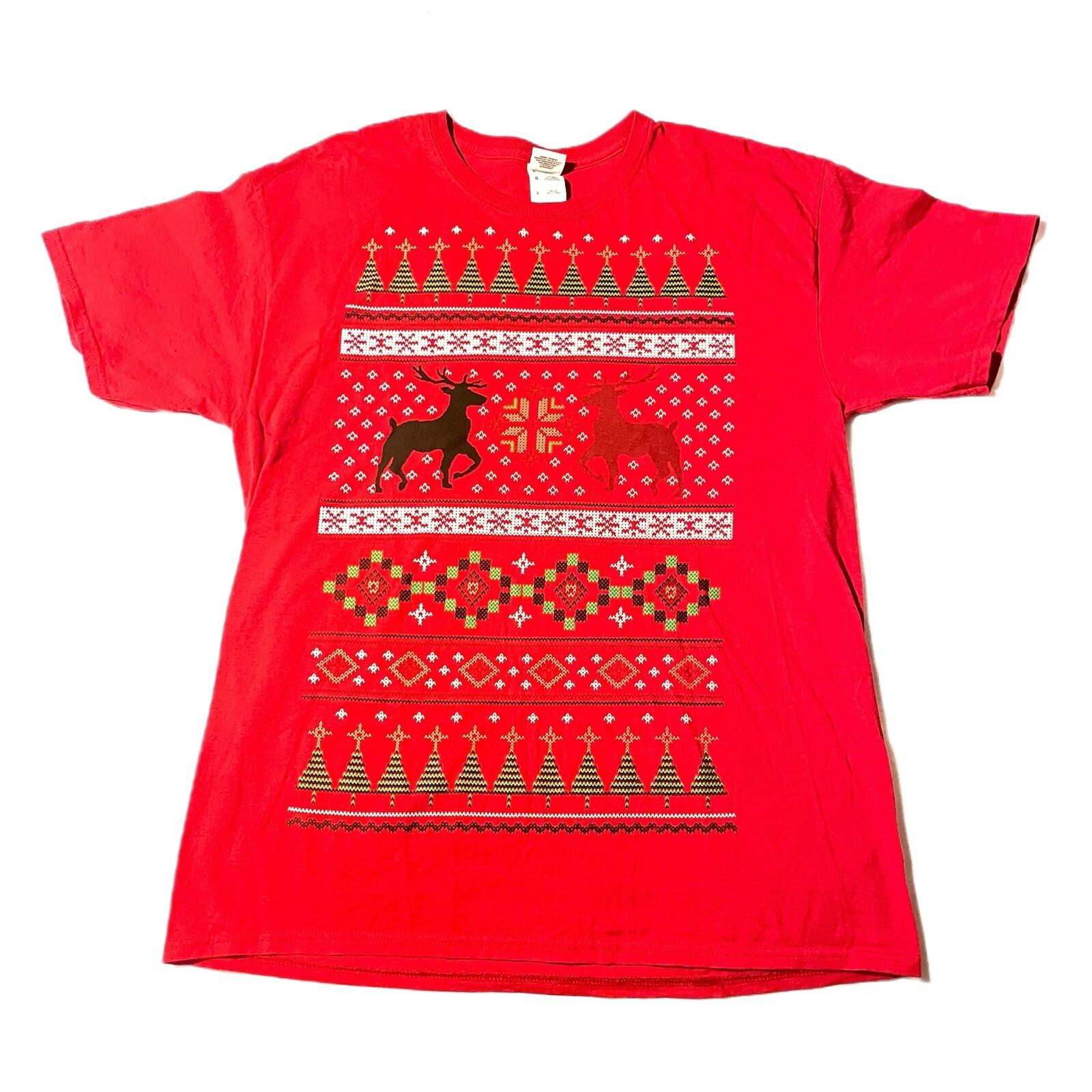 Christmas Pattern Shirt (L) Reindeer, Snowflakes, Trees