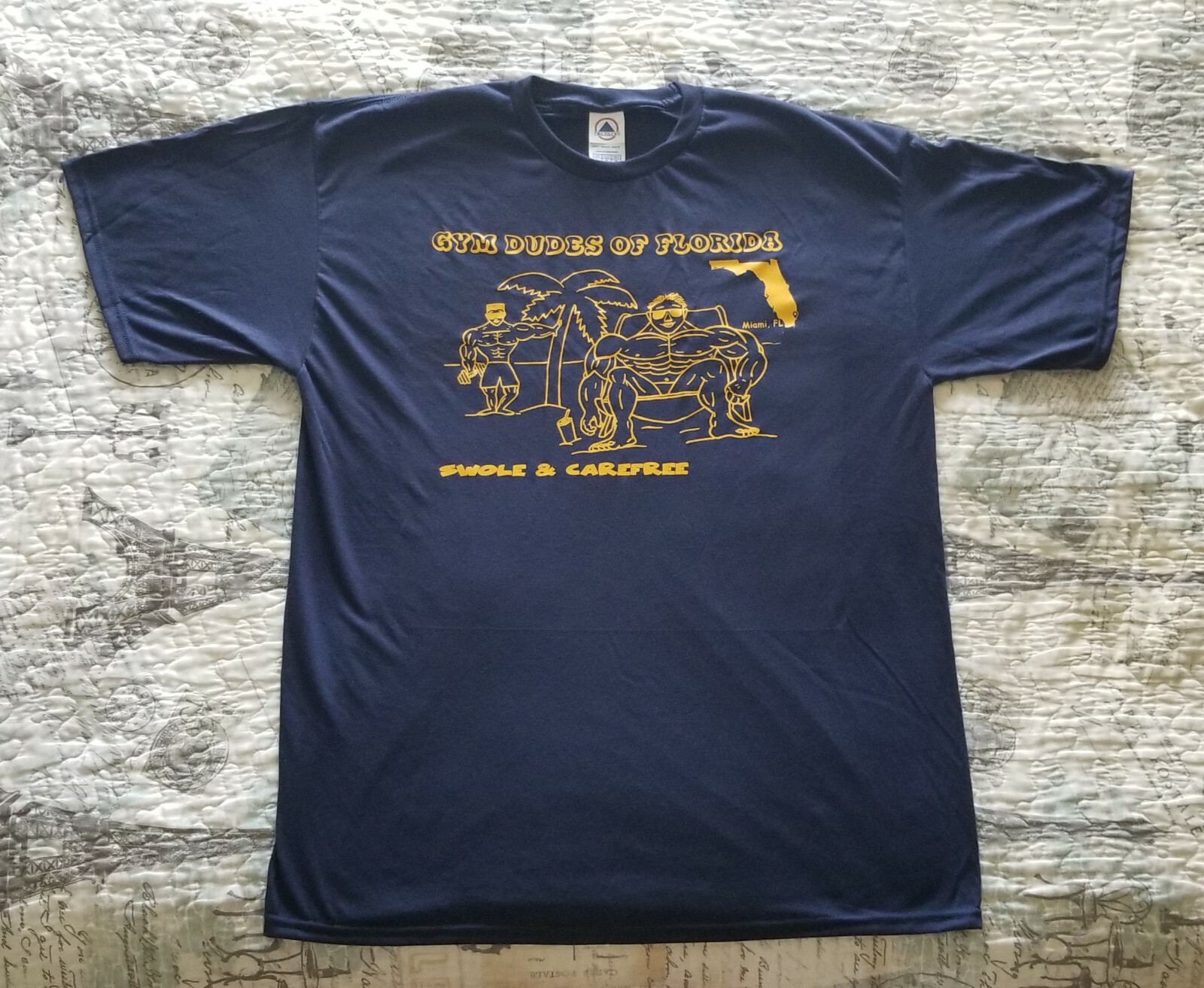 Gym Dudes of Florida Navy / Vintage Gold Workout Muscle Delta DRI T-Shirt NEW gallery