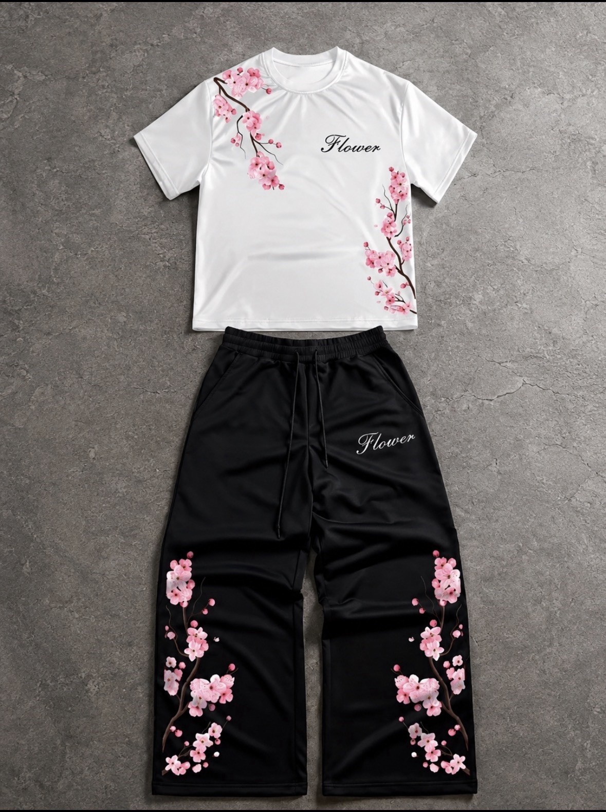 🌸 Cherry Blossom Flower 2PC Set Tee & Wide Leg Pants Streetwear Outfit