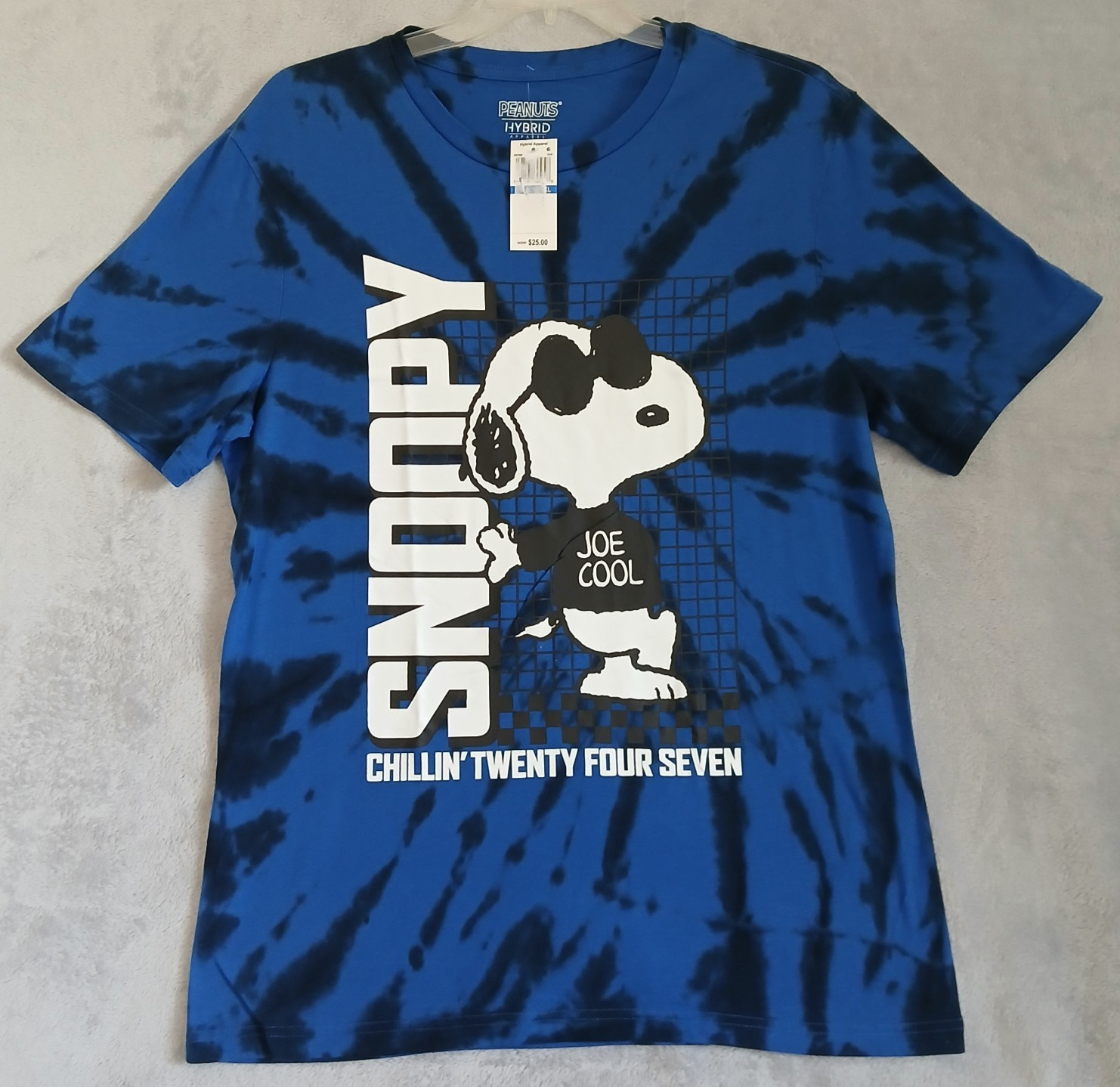 SNOOPY Men's XL Joe Cool Tee Shirt Peanuts Chillin' 24/7 Tie Dye Blue Hybrid NWT gallery