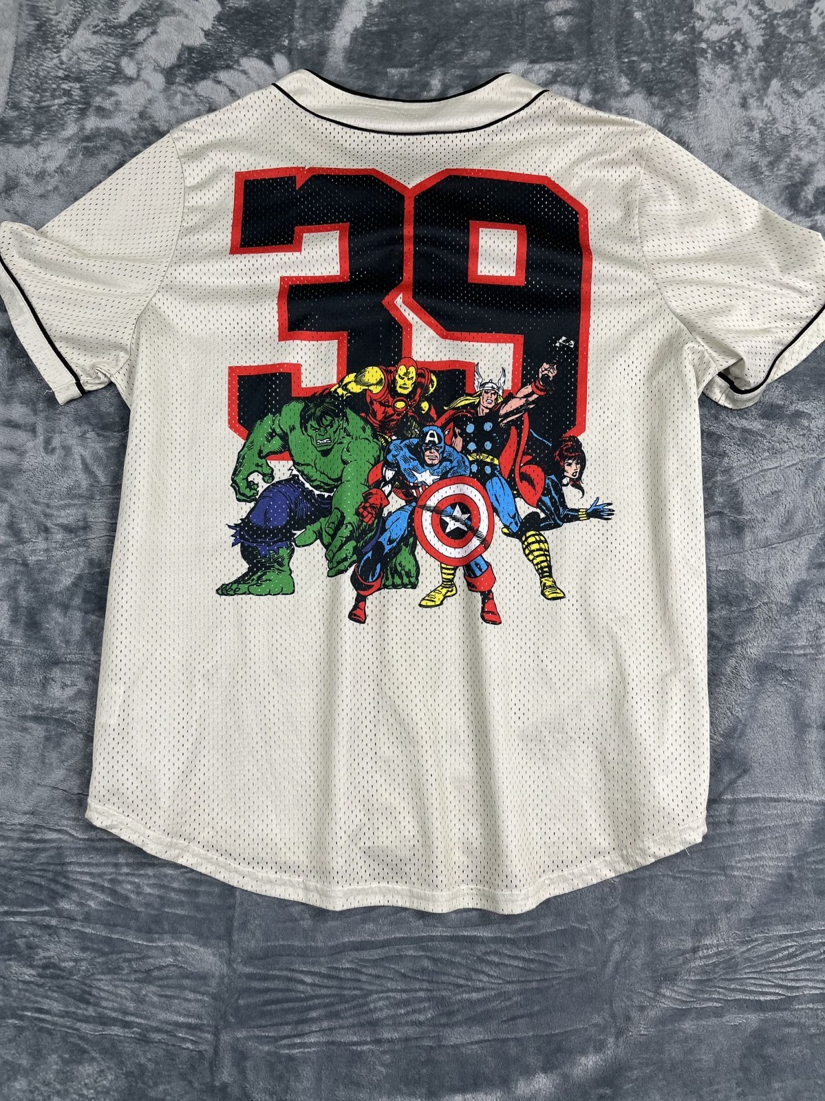 Marvel 3X Baseball Jersey Button-Up Avengers Graphic Back Beige & Red gallery