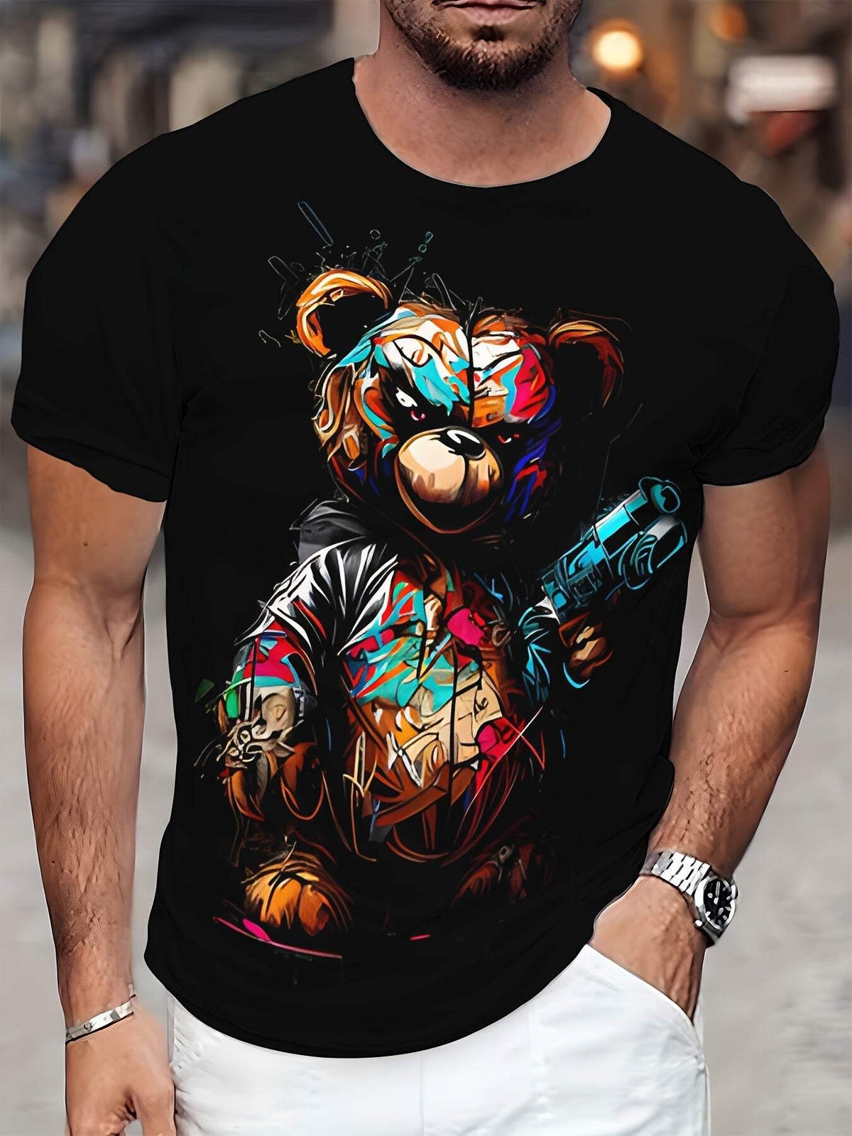 Men's Casual Short Sleeved T-shirt, Unique Bear Print - Soft Polyester Fiber, Ma gallery