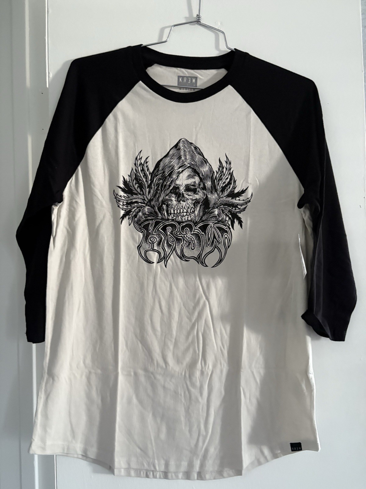 KR3W Grim Reaper Raglan T-Shirt Men’s Medium Black White 3/4 Sleeve Skate Punk gallery