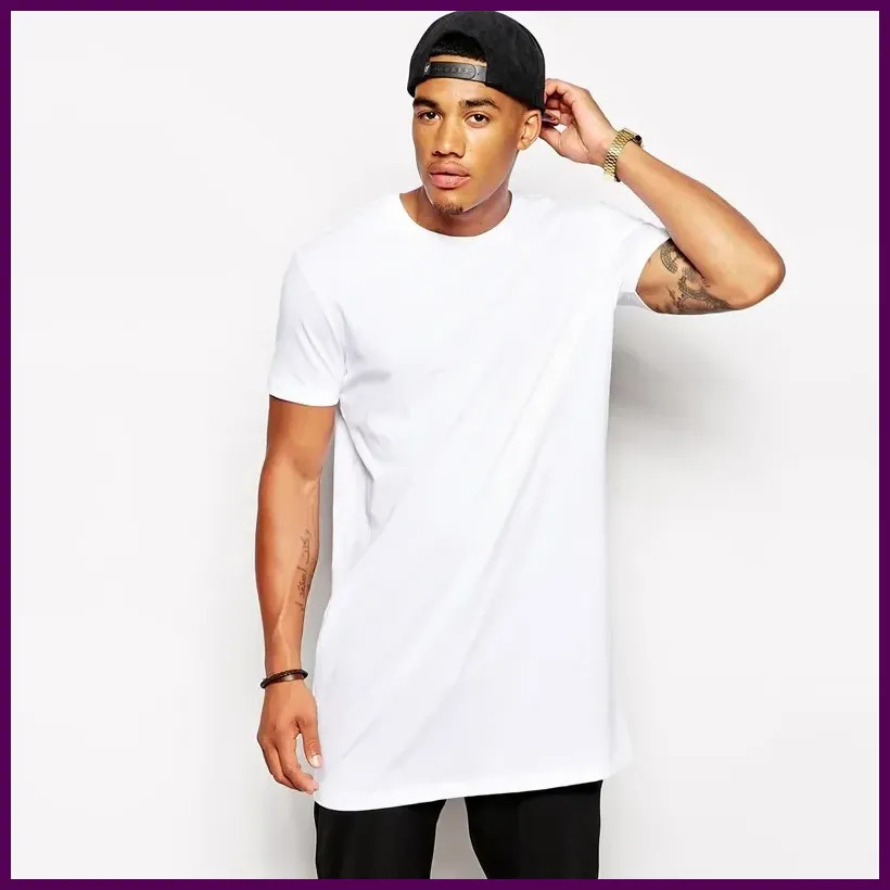 Men’s Extra Long T-Shirt Cotton Hip Hop Longline Tee Casual White Top