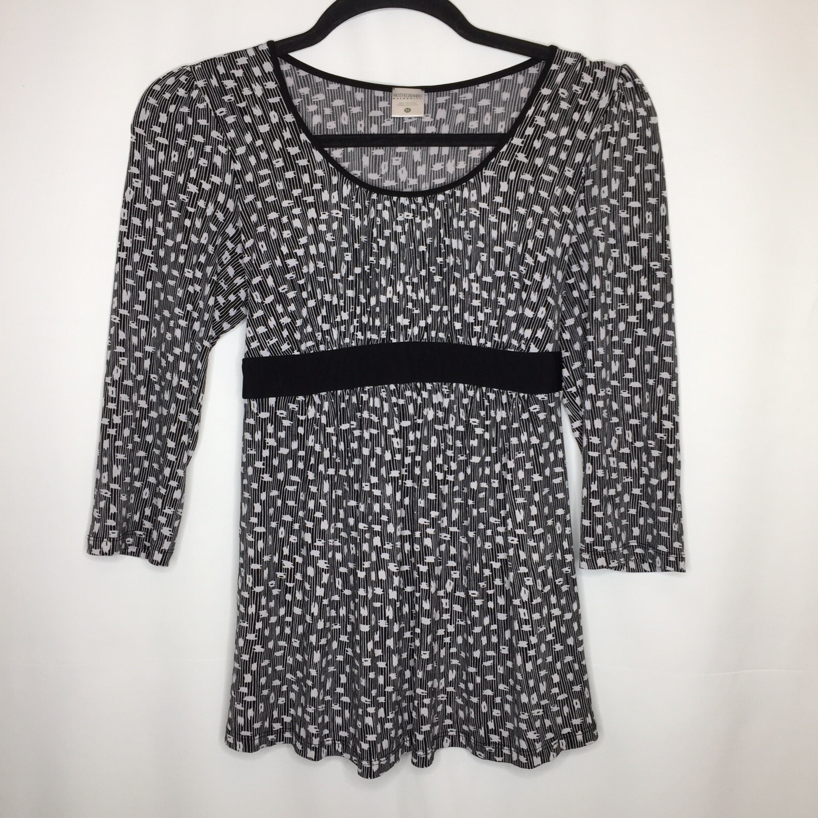 Motherhood Maternity Shirt XL Black White Geometric 3/4 Sleeves Tie Waist I9