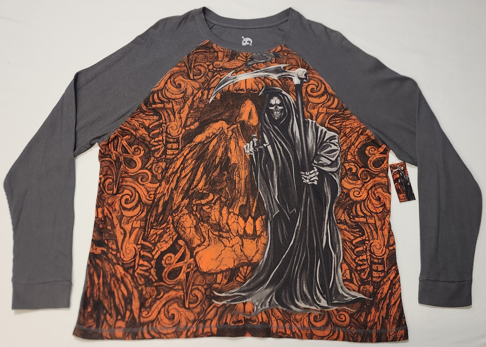 NEW Skully Grim Reaper Thermal Long Sleeve T-Shirt Charcoal Orange Halloween 2XL