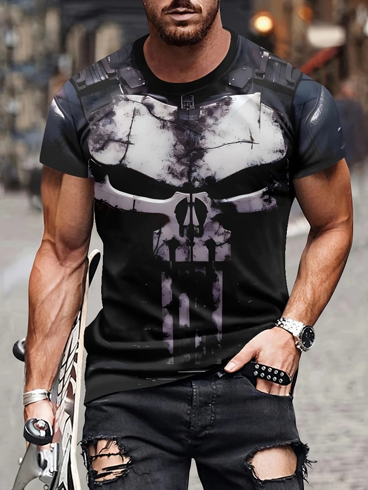 Cool The Punisher T-Shirt Mens Tee Military Skull Streetwear 3D Print Shirt gallery