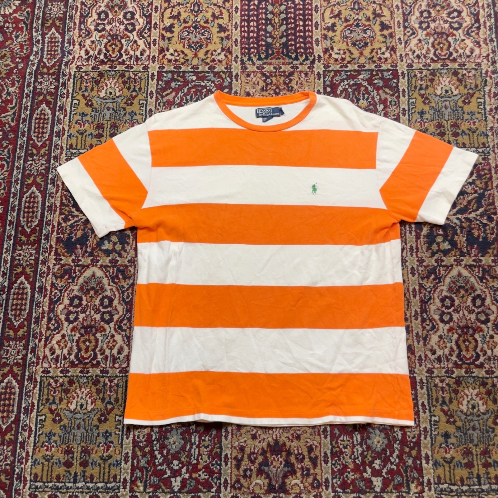 VTG Rare 90s Polo Ralph Lauren Orange White Striped Pique Cotton T-Shirt L Pony gallery