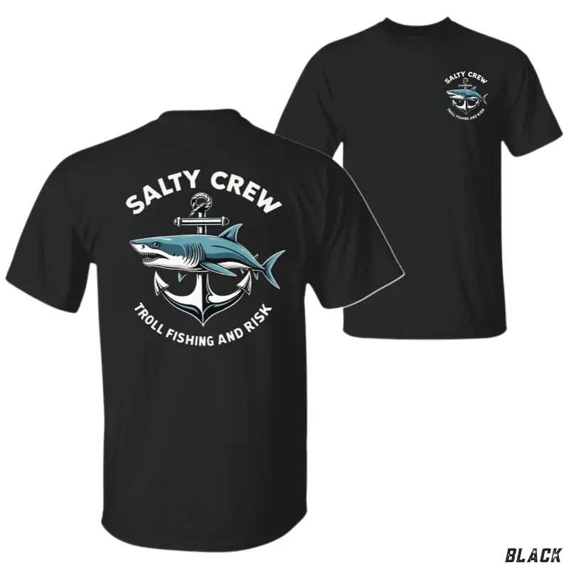 Salty Crew Troll Fishing T-Shirt, Shark and Anchor Graphic Tee, Offshore Angler