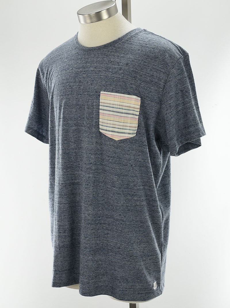 MARINE LAYER RE-SPUN Heather Blue Crew Neck Striped Pocket T Shirt LARGE NWOT