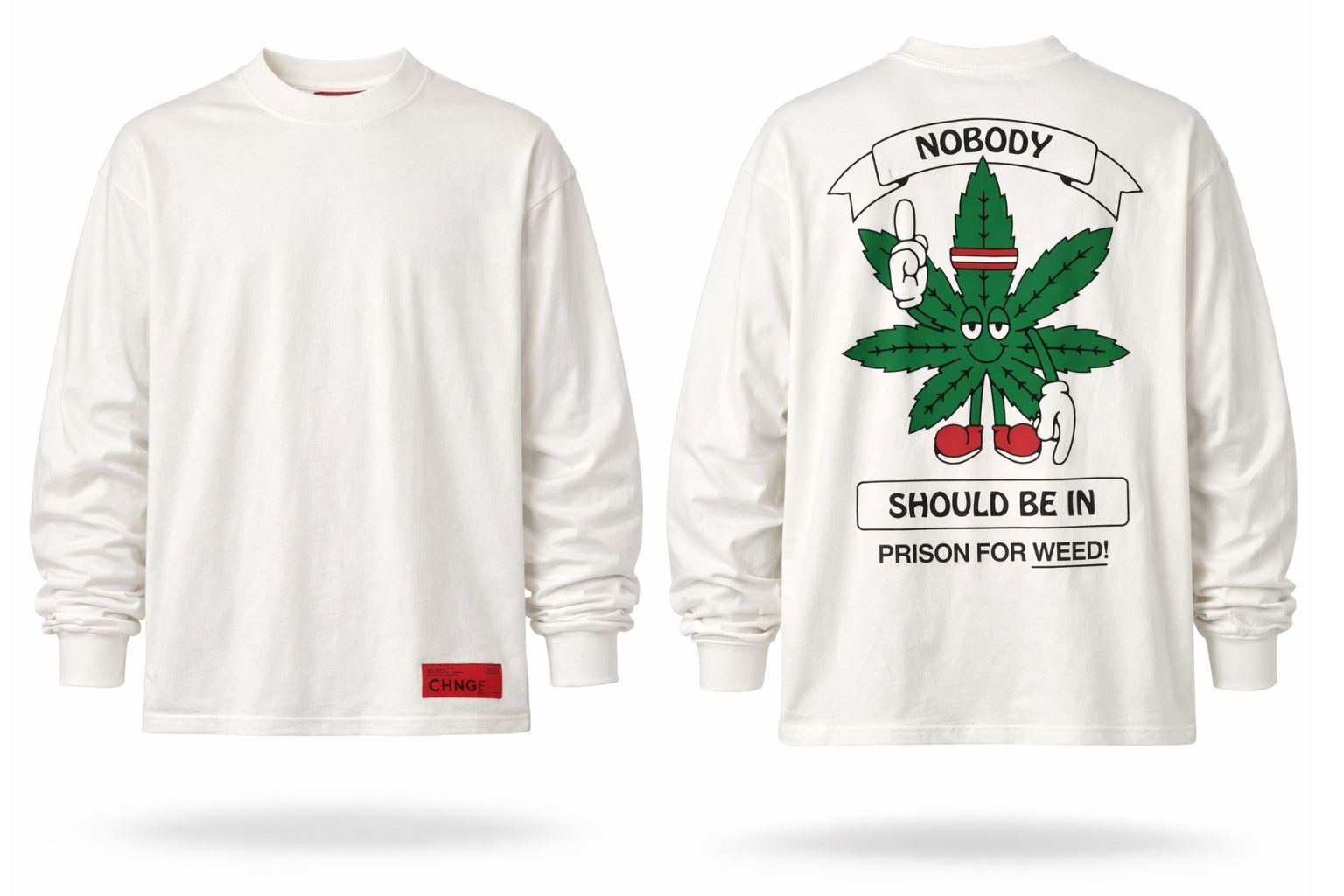 CHNGE Men’s Cannabis Equity Casual Crew Neck Cuff Long Sleeve T-Shirt, White 3XL