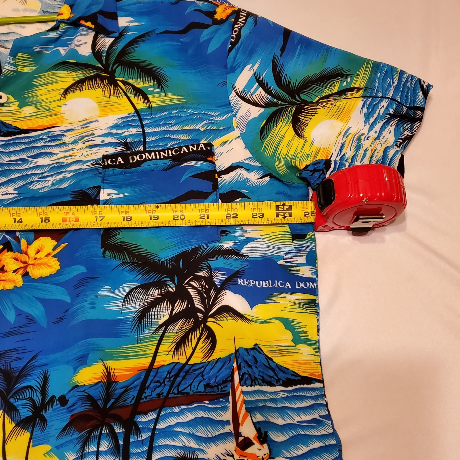 Dominican Caribbean Tropical Button Palm Tree Island Floral Shirt Yellow & Blue gallery