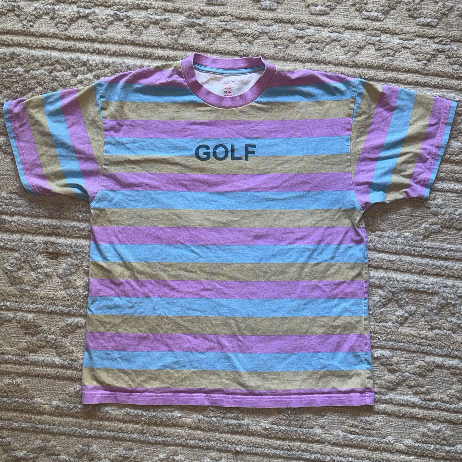 Golf Wang Wolf 10 Years Striped Graphic T Shirt XL Pink Blue Tan Cotton Tee gallery