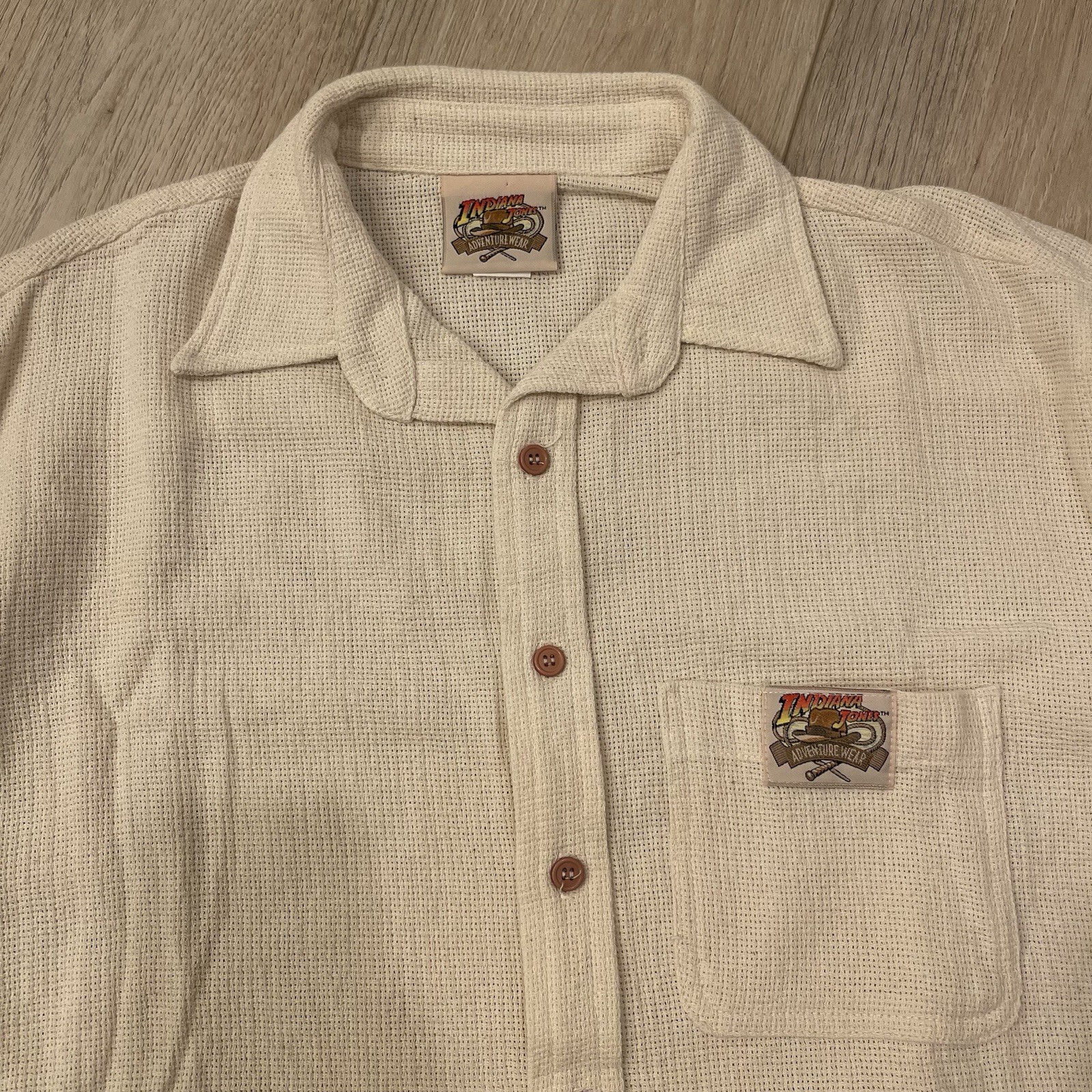 VTG 90s Indiana Jones Adventure Wear Creme / Tan Waffle Knit Cotton Made In USA gallery
