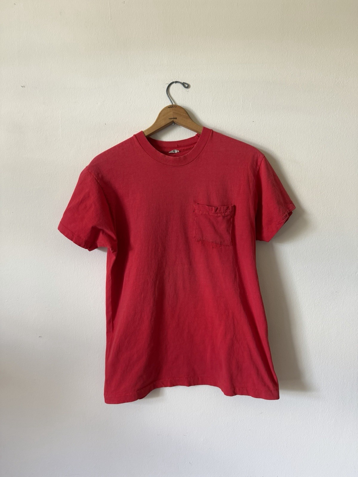 Vintage 80s Selvedge Pocket Shirt XL Blank faded red repairs – see measurements
