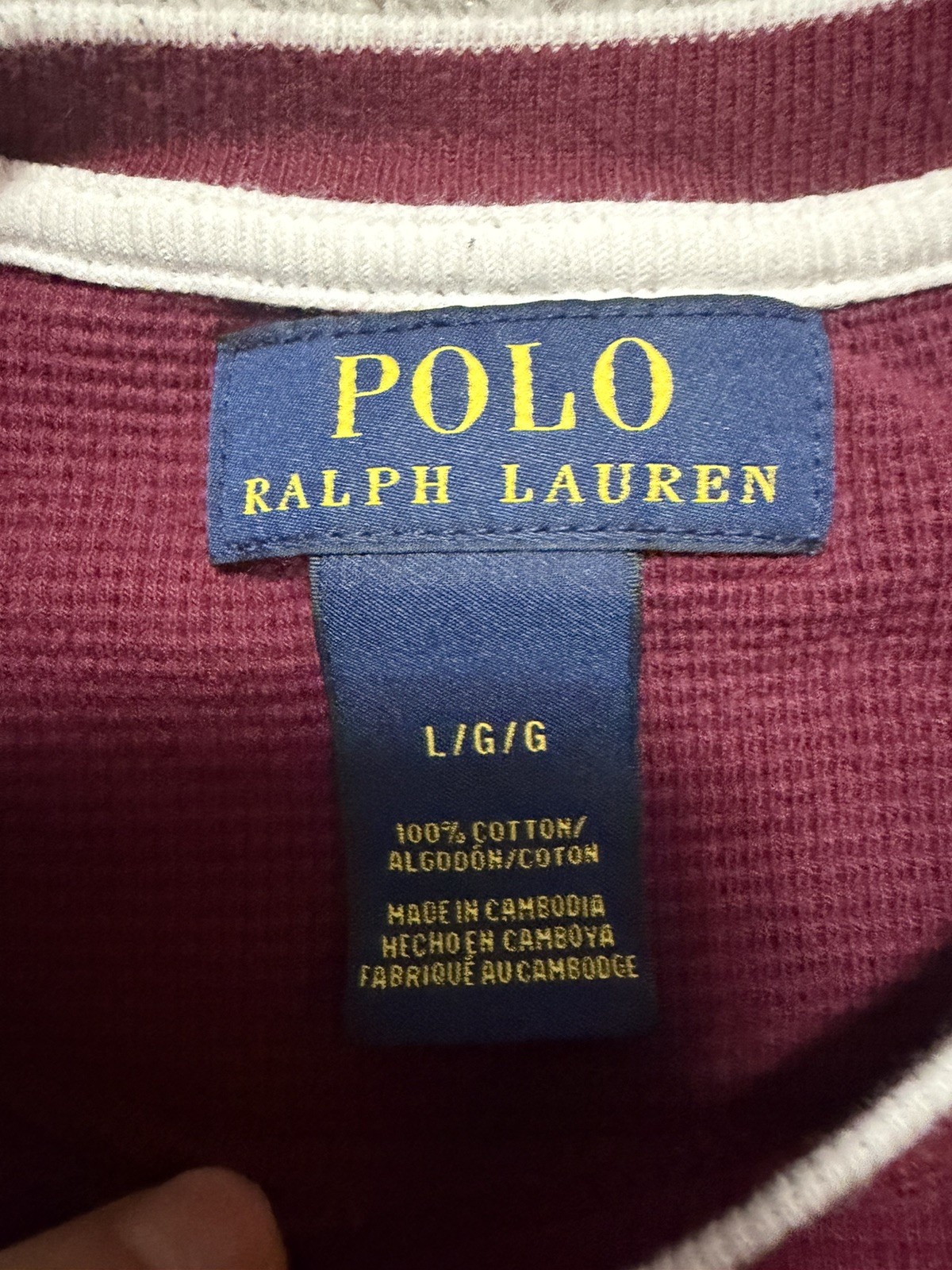 Polo Ralph Lauren Mens Large Shirt Waffle Knit Thermal T Maroon L/S Pull on Logo gallery