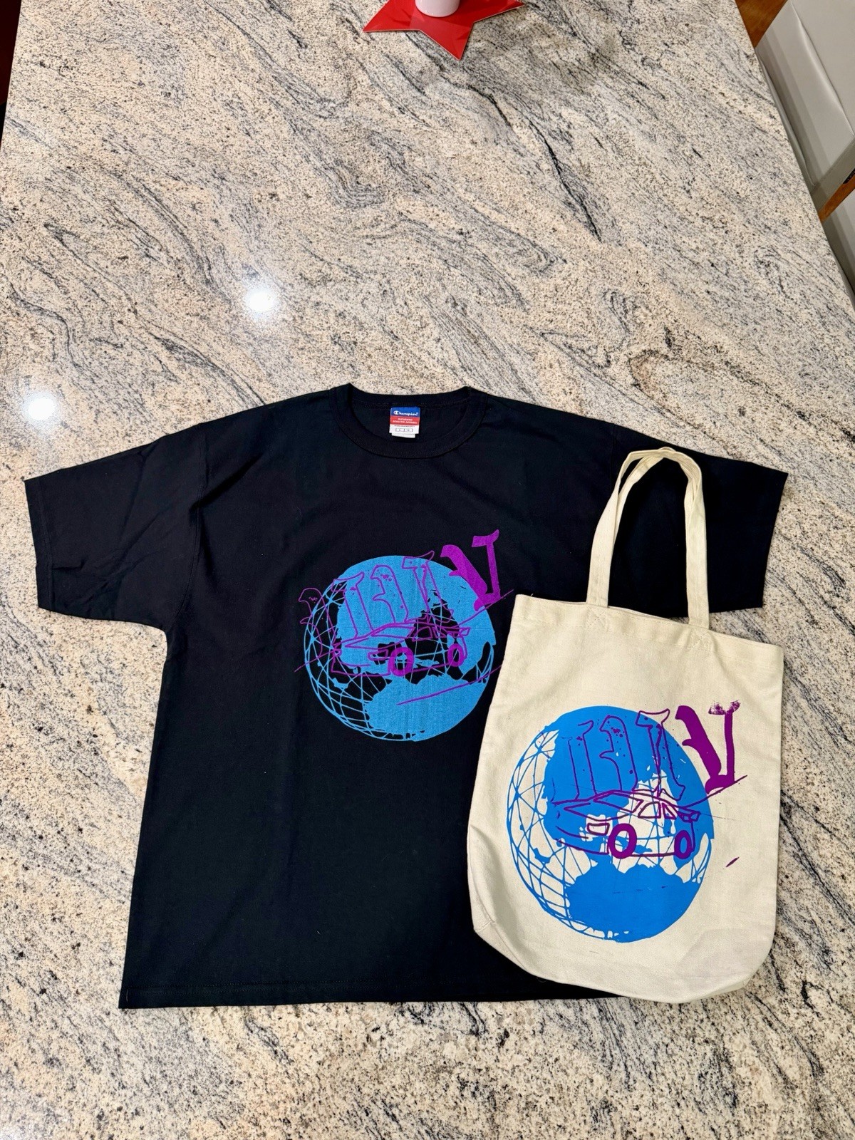 UUV Global Black T-Shirt & Cream Tote Bag | Tee Size Large