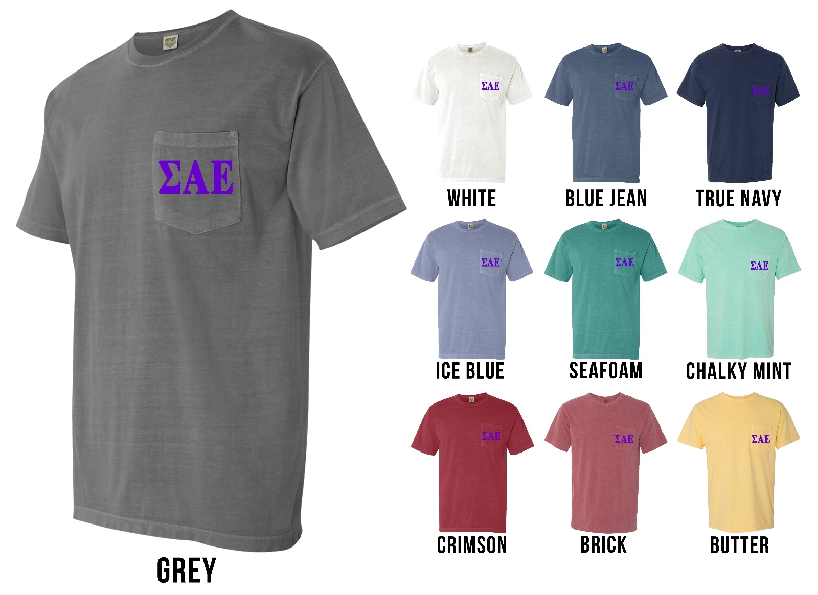 Sigma Alpha Epsilon Fraternity Letters COMFORT COLORS POCKET Shirt SAE – NEW