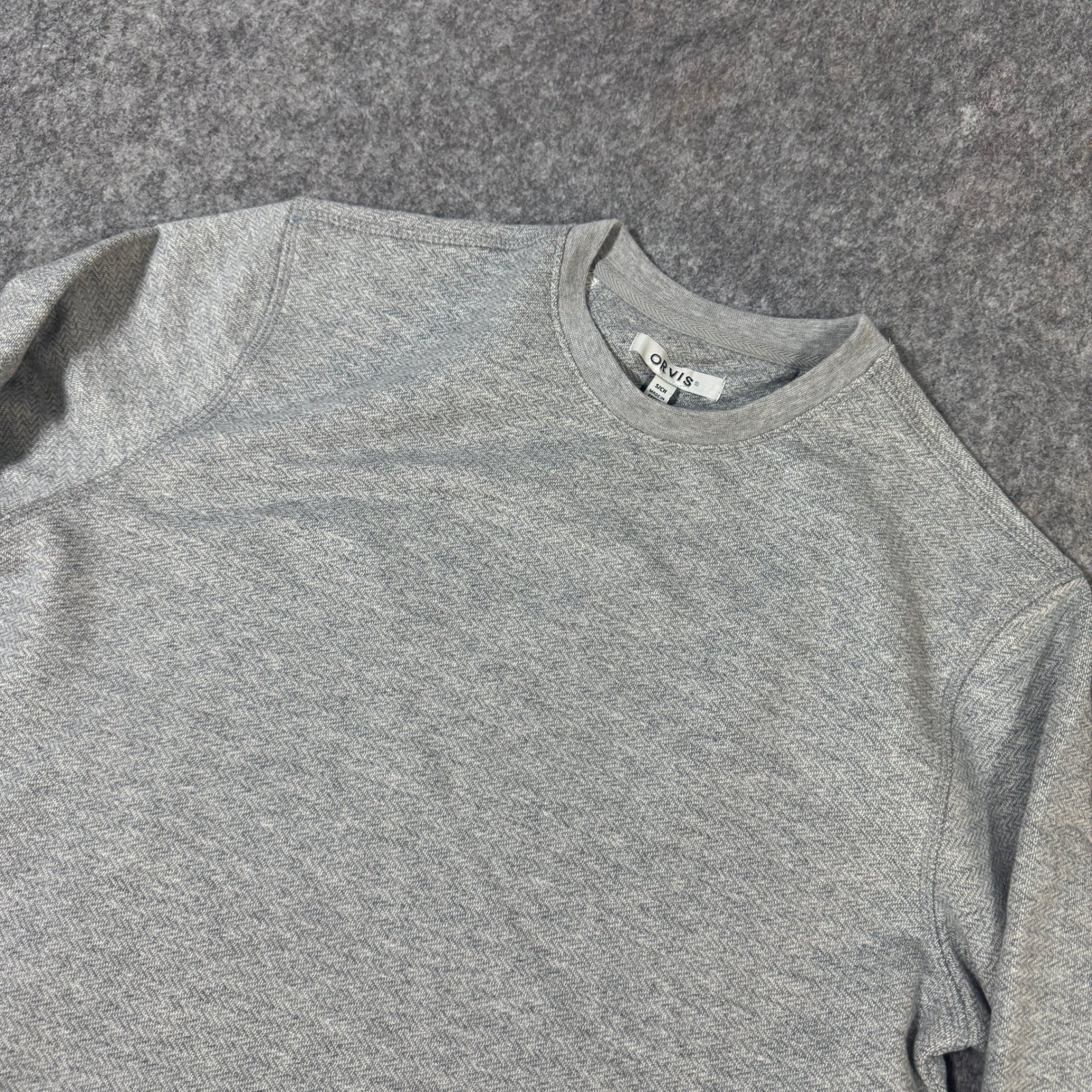 Orvis Mens Small Grey Textured Herringbone Long Sleeve Crewneck Pullover Shirt
