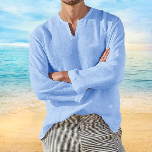 Men's Shirt Long Sleeve Cotton Linen T-shirt V-Neck Solid Breathable Casual NEW gallery